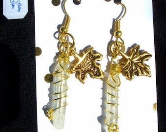 White Quartz Crystal Earrings - Gold wirewrapped, Gold Oak Leaf charm, RedRobinArt