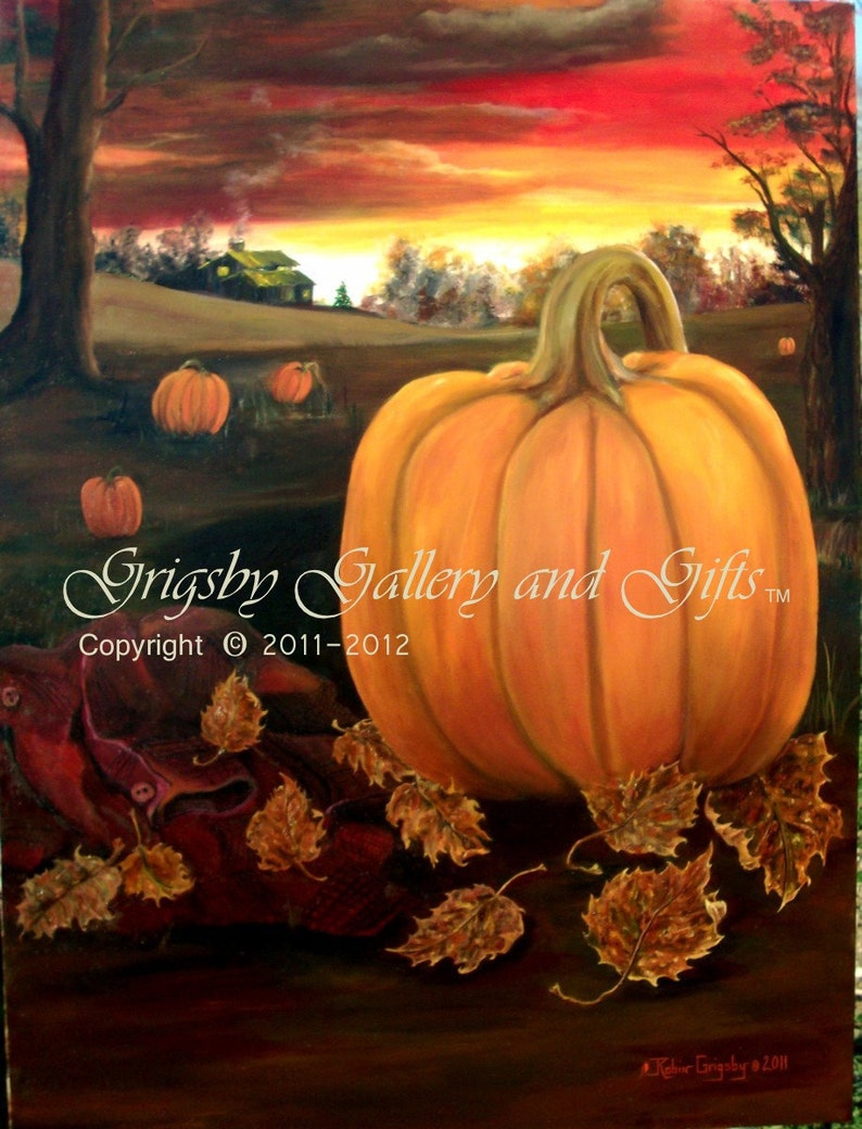 TWILIGHT HARVEST, Original Oil Painting 30 x 40, Fall pumpkins, RedRobinArt, Grigsby Gallery and Gifts Bild 1