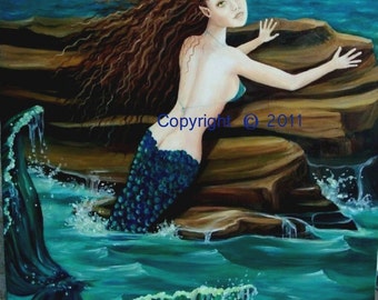 Mermaid Painting, Oil on Canvas, "LAMORNA", 16  x 20  Original, Unframed, RedRobinArt, Grigsby Gallery and Gifts