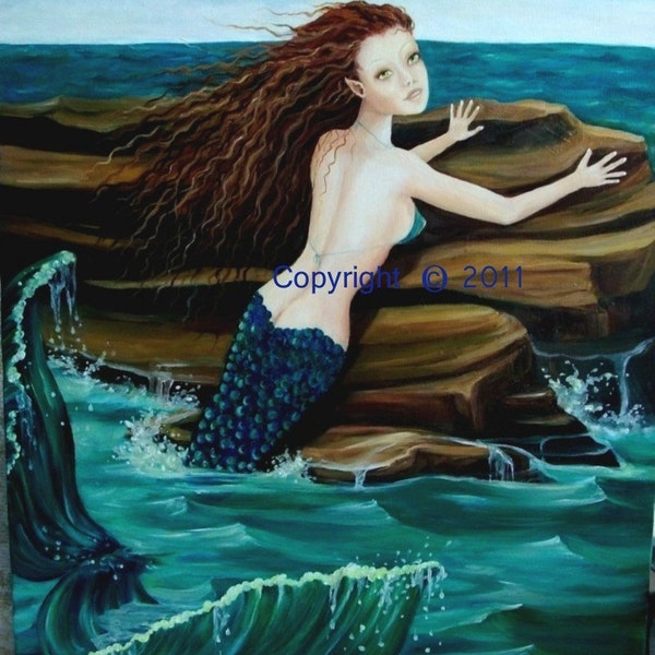 Mermaid Painting, Oil on Canvas, "LAMORNA", 16  x 20  Original, Unframed, RedRobinArt, Grigsby Gallery and Gifts