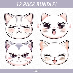 Zestaw uroczych kawaii cat clipart - 12 PNG zwierząt twarze emocje, ikony kotków, zabawne ilustracje pat do scrapbookingu, tworzenia kartek, dekoracji dla dzieci
