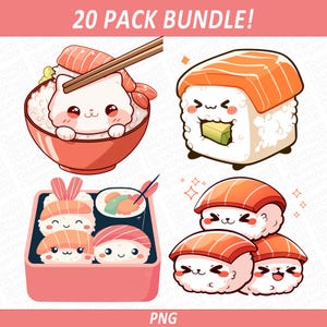 Clipart di cibo cinese carino kawaii - 20 PNG Illustrazioni di cibo asiatico come ramen, noodles, sushi, dim sum, boba tea, bento box e biscotti della fortuna