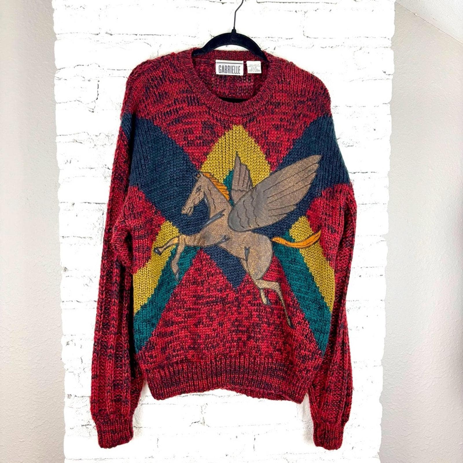 Vintage Handknitted Pegasus Sweater, Leather Applique - Oversized Medium