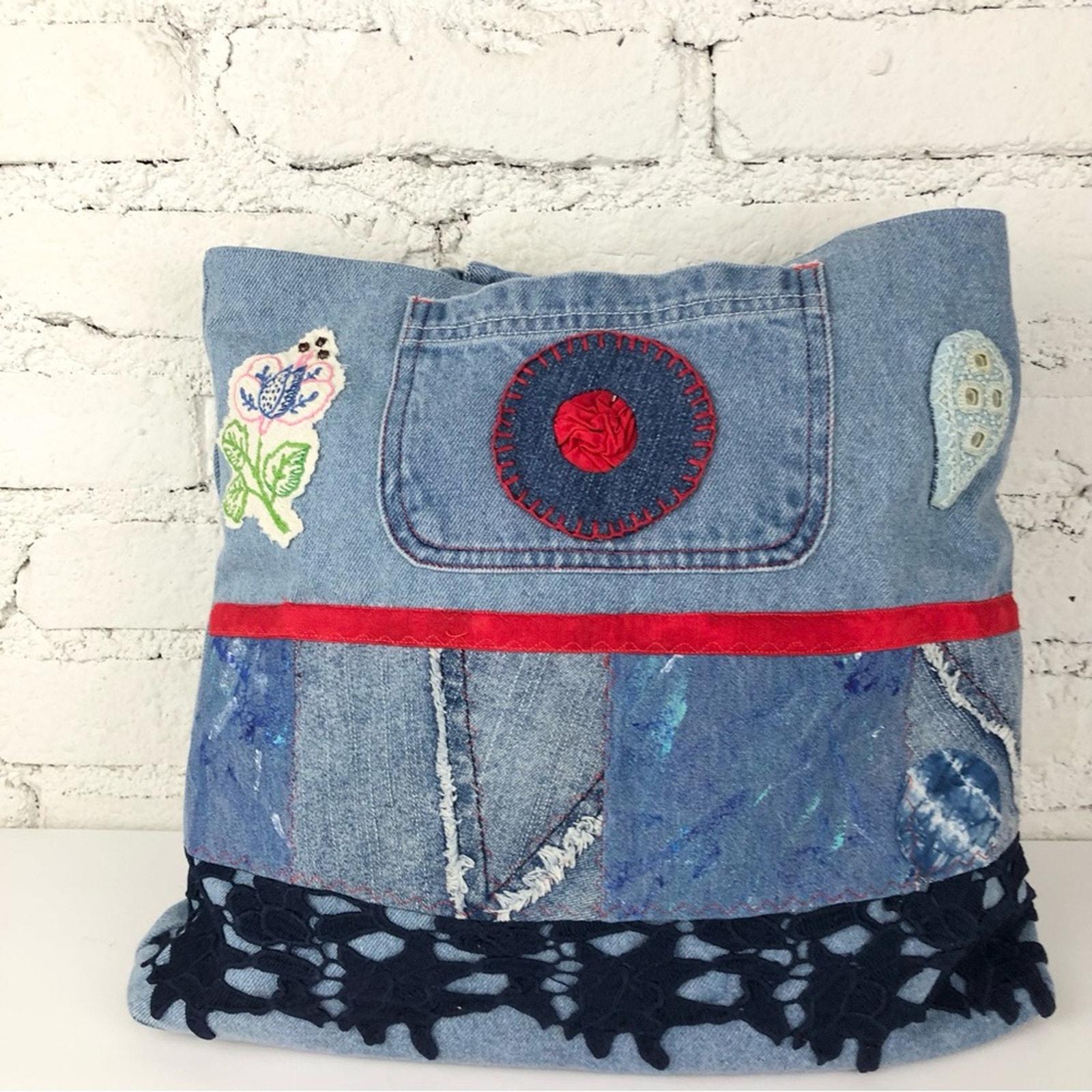 ハンドメイド90年代Y2Kデニムブランドラベル刺繍トートバッグ - Etsy 日本
