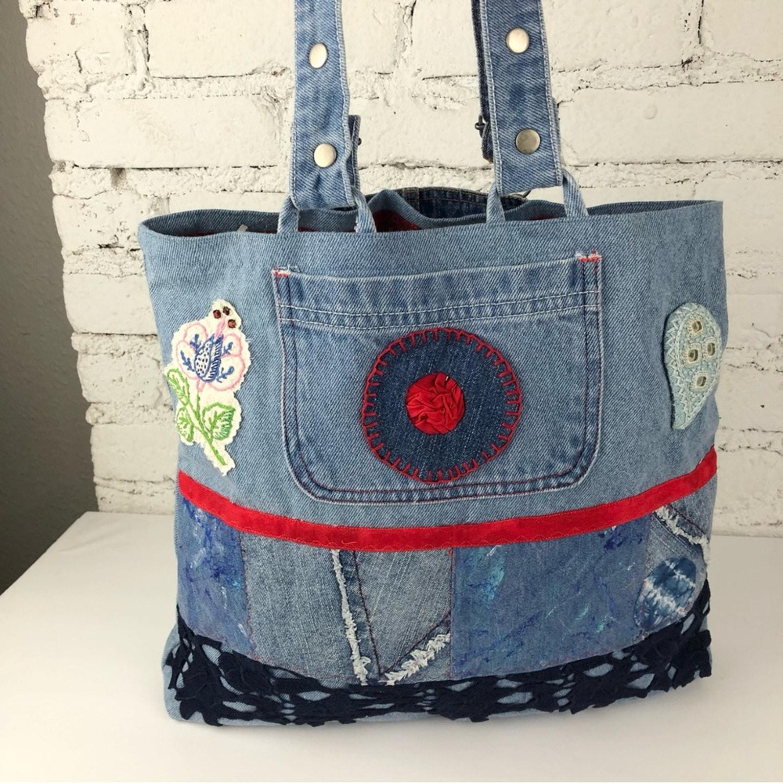 ハンドメイド90年代Y2Kデニムブランドラベル刺繍トートバッグ - Etsy 日本