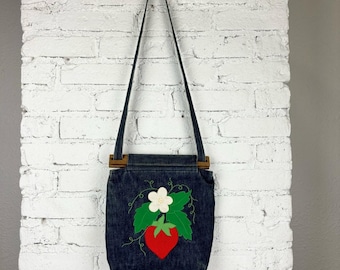 Vintage Handmade Strawberry Applique Denim Purse