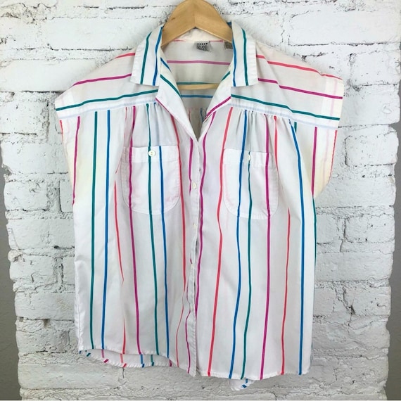 Vintage Grand Design Sleeveless Multicolored Stripped Button Up