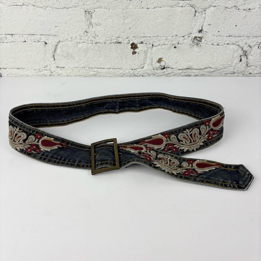 Vintage Y2K Embroidered Denim Belt Vintage 90s Y2k Boho Embroidered Denim Corset Belt Lace up  main image 3