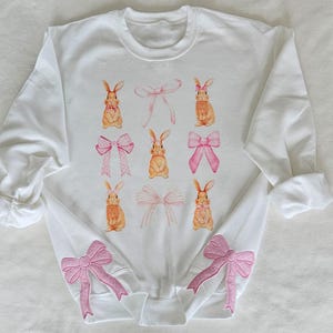 May include: White sweatshirt with a pink bow and bunny rabbit design. The sleeves have pink bows sewn on the cuffs.