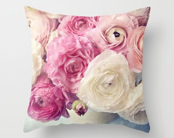 Shabby chic home decor-"Shades of Pink" pink Ranunculus 18x18 or 22x22 PILLOW COVER, cottage decor, floral pillow, flowers, pastel pillow