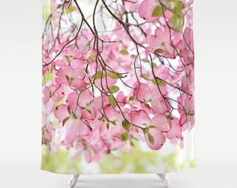 Pink Dogwood tree Fabric Shower Curtain, bathroom, home decor, pastel flowers, floral shower curtain, spring