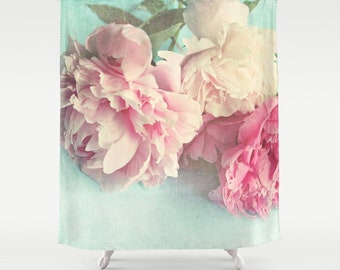 Peony Shower Curtain "Like Yesterday",aqua, pink, bathroom,home decor,pastel flowers,Peony,nature,floral shower curtain,shabby chic