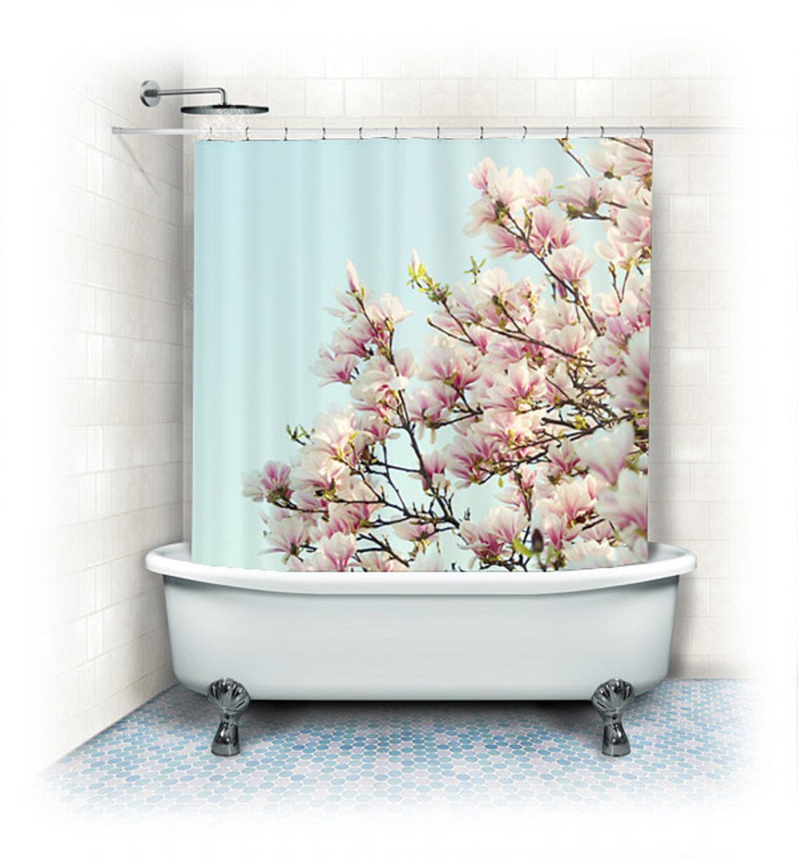 Magnolia Fabric Shower Curtain magnolias Aqua, White, Pink, Bathroom