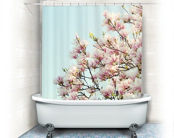 Magnolia Fabric Shower Curtain "Magnolias" aqua, white, pink, bathroom, home decor, pastel flowers,nature, floral shower curtain