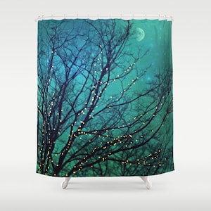 Aqua Shower Curtain "Magical Night" clouds,lights,stars,sky, night, trees,turquoise,blue, teal, bathroom, home decor,twinkle,nature