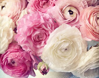 Ranunculus photograph, flowers,still life, floral photography,romantic,nature,spring,pink,white,pastel,shabby chic,square print