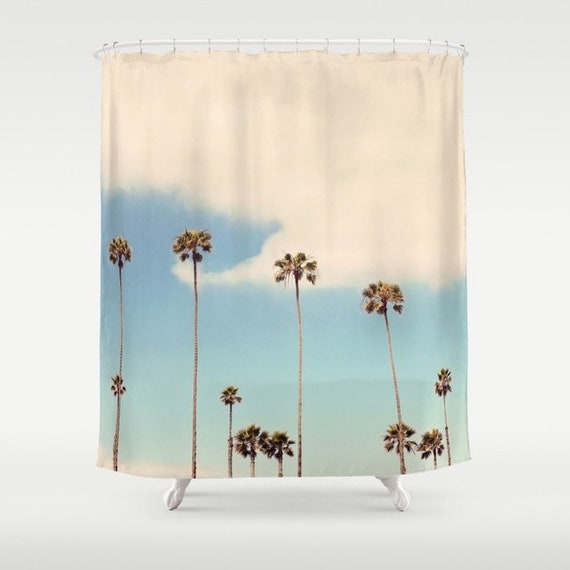 California Palm Trees Shower Curtain Bath Aqua Home Decor Turquoise Blue Landscape Nature Tropical Summer California Palm Trees Shower Curtain, Palm Tree Shower Curtains Bath Accessory Sets