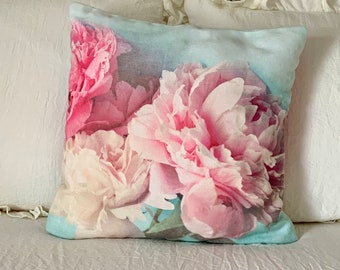 Shabby chic home decor "like yesterday" 3 peonies 18x18 or 22x22 PILLOW COVER, cottage decor, pink floral pillow, pastel pillow,flowers,aqua