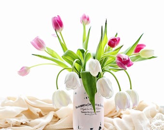 Tulip photograph,shabby chic decor, Fine art print,pastel photograph,floral print,pink,white,still life,square print