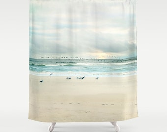 Beach Fabric Shower Curtain "Flight" ocean,aqua home decor,teal,turquoise,pastel,nautical decor,seagulls,seashore,birds
