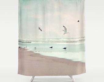 Beach Fabric Shower Curtain "Take off" ocean,beach, aqua home decor,teal,turquoise,pastel,nautical decor,seagulls,seashore,sand,summer