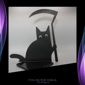 Gothic Grim Reaper Cat Shelf Sitter: Spooky Halloween Decor - Glow Eyes