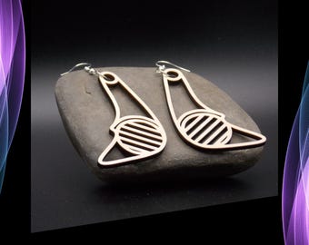 Geometric Wooden Earrings: Abstract Laser-Cut Sterling Silver Hooks
