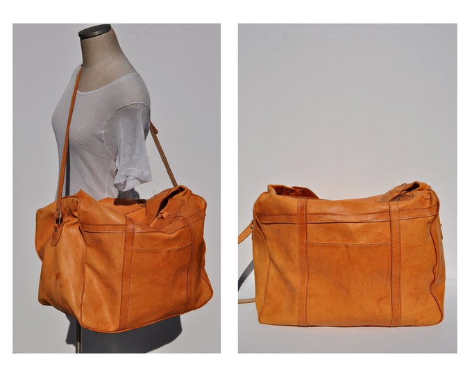 Vintage Leather Duffle Bag Carry on Tote Shoulder Luggage Bag Etsy