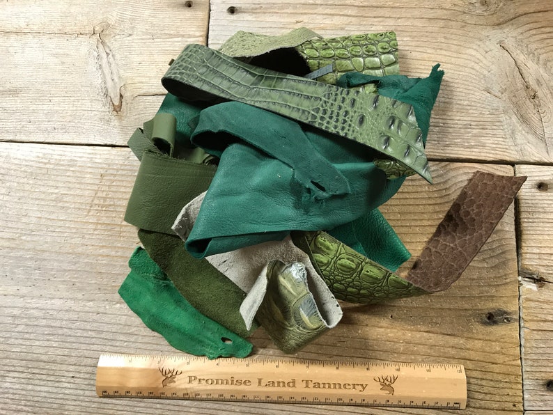 201203-D Green Color Salvaged Leather Scraps 12 Pound Lot No Buckskin Leather Pieces