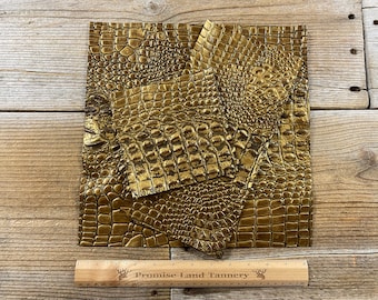 Egyptian Gold Alligator - Embossed Cowhide - Egyptian Gold Dragon Scale - CUT to Order Stock No. EGYPTGOLD