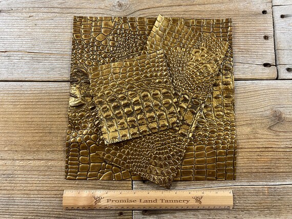 Egyptian Gold Alligator - Embossed Cowhide - Egyptian Gold Dragon Scale - CUT to Order Stock No. EGYPTGOLD