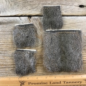 May include: Four pieces of gray rabbit fur, each with a different size and shape, are arranged on a wooden surface. A ruler with the text "Promise Land Tannery" is visible at the bottom of the image.