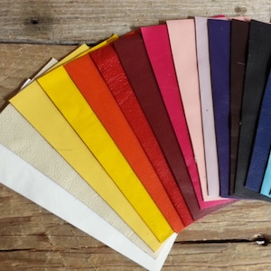 May include: A fan-shaped arrangement of leather swatches in various colors, including white, yellow, orange, red, pink, purple, blue, green, and brown.