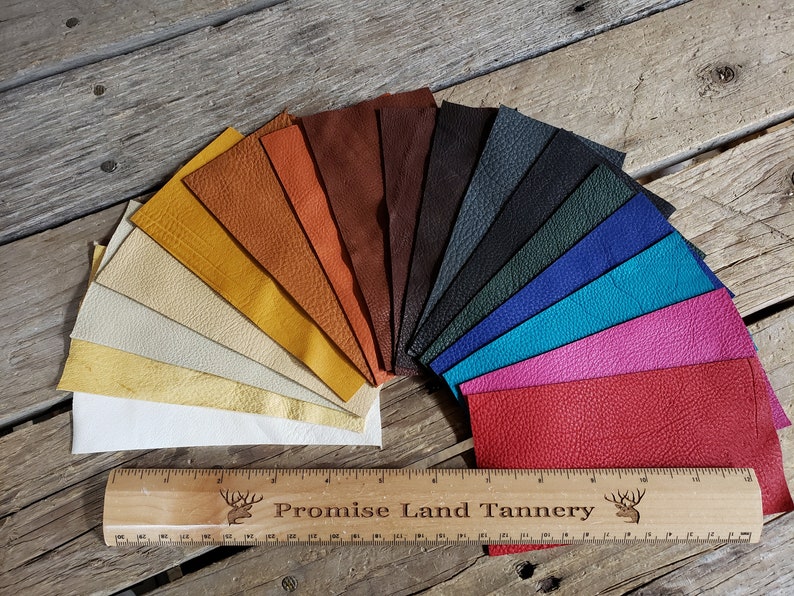 May include: A fan of leather samples in various colors, including white, yellow, orange, brown, red, teal, blue, green, black, and gray. The samples are arranged in a semi-circle with a wooden ruler at the bottom that reads "Promise Land Tannery".