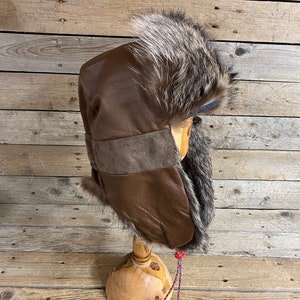Raccoon Fur Trapper or Bomber Hat - Real Leather and Fur - Lot No. 220929-E