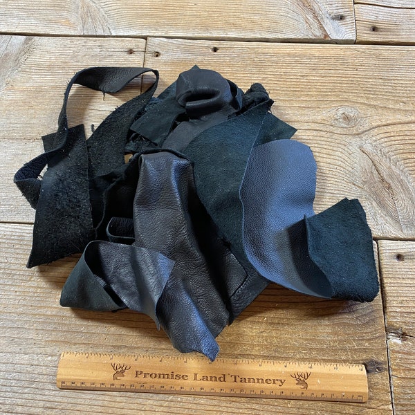 Black Color Salvaged Leather Scraps - Buckskin Leather Pieces - 1/2 Pound - Lot No. 230330-BBB