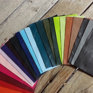 May include: A fan-shaped arrangement of leather swatches in various colors, including red, orange, yellow, green, blue, purple, pink, and brown. The swatches are arranged in a rainbow pattern.