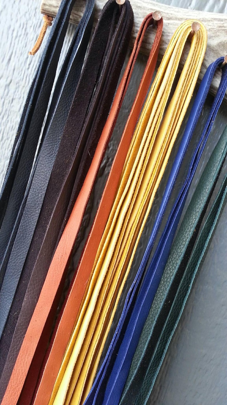 May include: A collection of leather cords in various colors, including black, brown, orange, yellow, blue, and green. The cords are arranged in a fan shape and are all the same width.