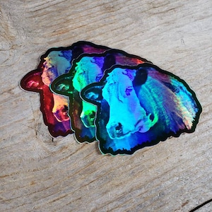 May include: Three iridescent holographic stickers of a cow's head in different color variations. The stickers are stacked on top of each other on a wooden surface.
