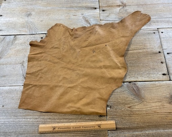 May include: A piece of brown leather with a slightly textured surface. The leather is laid out on a wooden surface with a ruler that reads "Promise Land Tannery" in the bottom right corner.