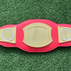 May include: A red championship belt with gold accents and a large, blank gold plate in the center. The belt has two smaller gold plates on either side of the center plate, each with a circle of white rhinestones.