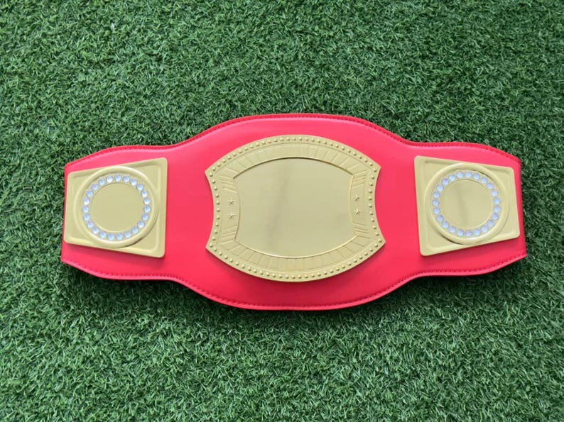 May include: A red championship belt with gold accents and a large, blank gold plate in the center. The belt has two smaller gold plates on either side of the center plate, each with a circle of white rhinestones.