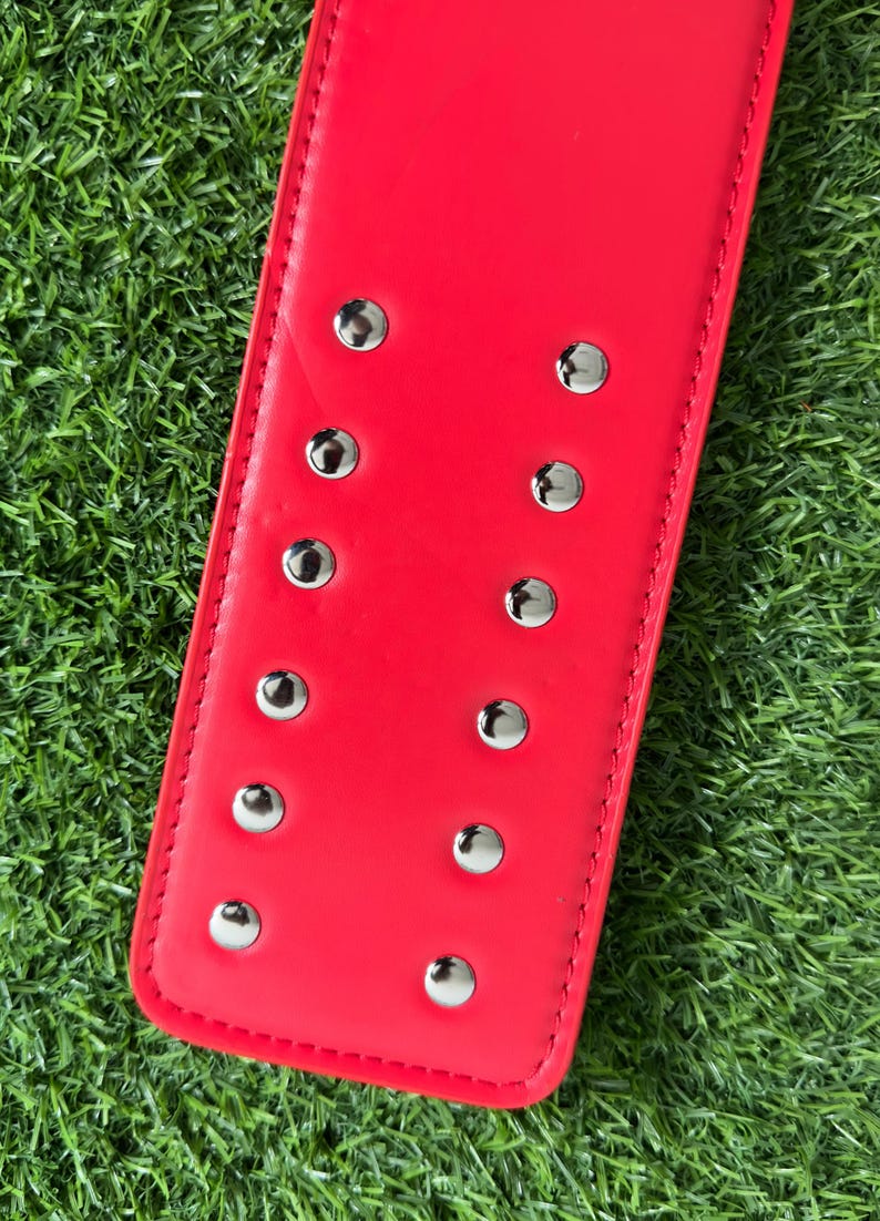 May include: Close-up of a red leather belt with silver studs. The belt is on a green grassy surface.