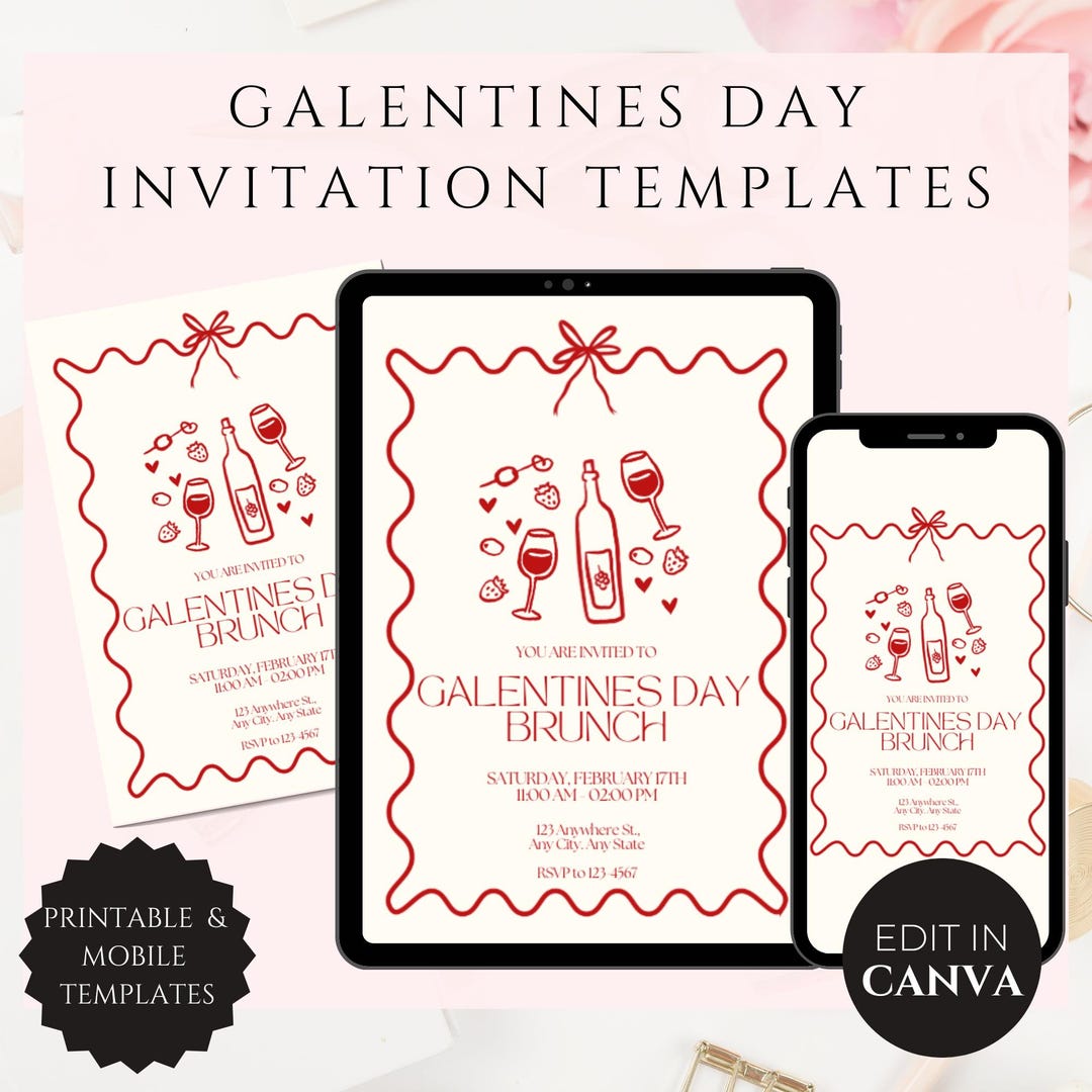 Galentines Day Brunch Invite, Hand Drawn Coquette Bow Valentines Galentines Day Brunch Invite, Hand Drawn Coquette Bow Valentines