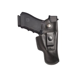 May include: Black leather holster with a black handgun. The holster has a metal clip and a snap closure. The handgun is black with a textured grip.