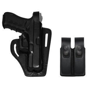 May include: Black leather holster with a magazine carrier for a handgun. The holster has a belt loop and a snap closure. The magazine carrier has two slots for magazines.