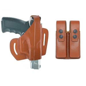 May include: A brown leather holster with a black handgun and a matching double magazine pouch. The holster has a molded design and visible stitching. The magazine pouch features decorative metal buttons.