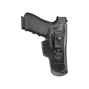 May include: A black leather holster for a handgun with a belt clip. The holster has a logo on the side that says "The Real Deal Leather".