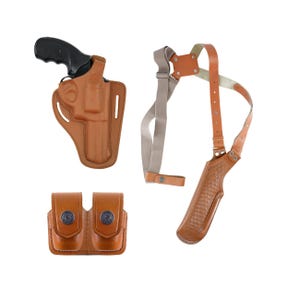 May include: A brown leather holster with a black revolver inside, a brown leather shoulder holster, and a double magazine pouch.