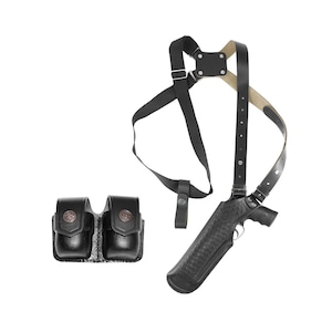 May include: Black leather shoulder holster with a black pistol and two black leather magazine pouches.